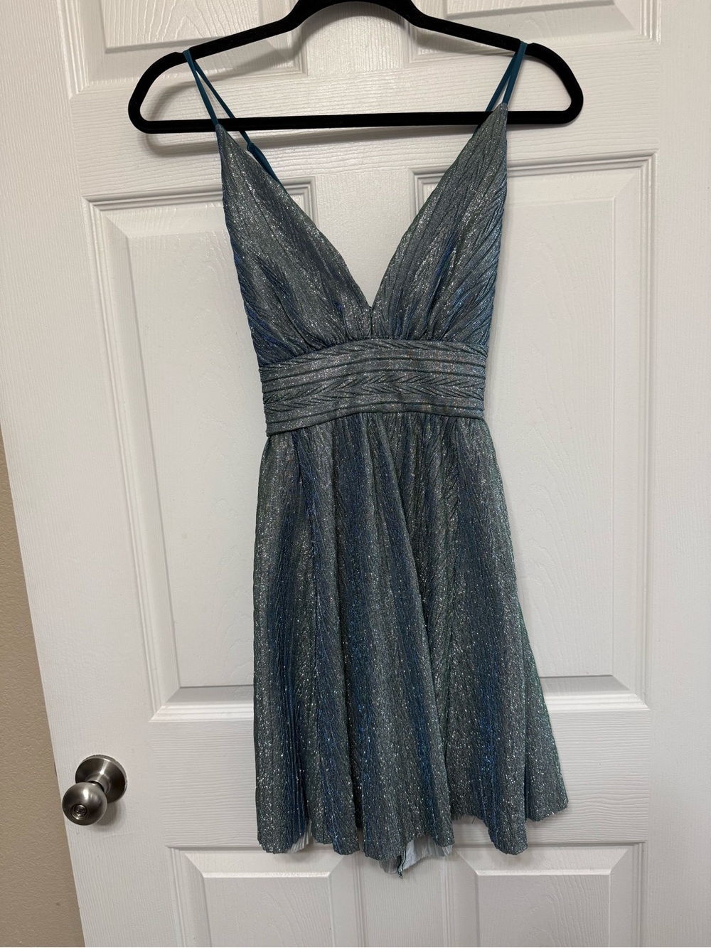 Lulu's Shimmering Teal V-Neck Pleated Mini Dress